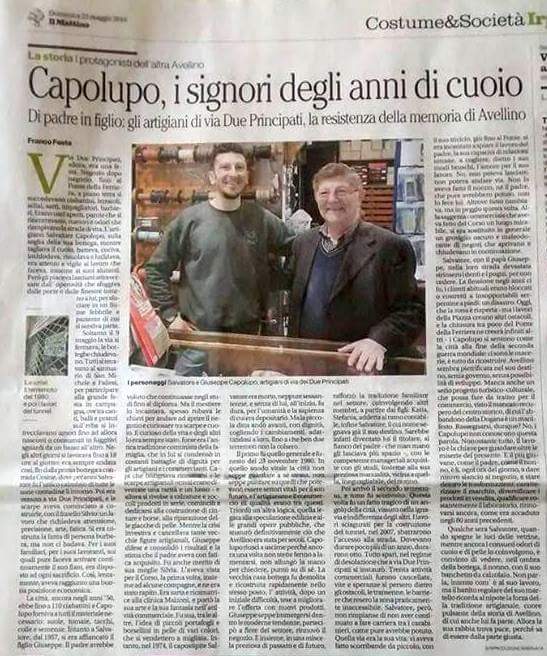 Articolo dedicato all'80° Anniversario della storica azienda avellinese Capolupo Calzature, tratto dal quotidiano "Il Mattino" del 22 Maggio 2016